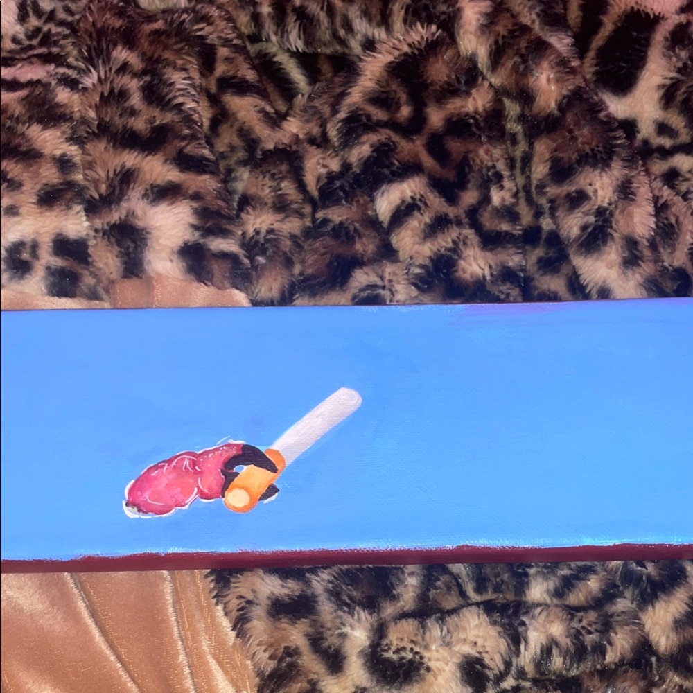 Vibrant Blue Hand-Painted Panel with Pink Accent Motif